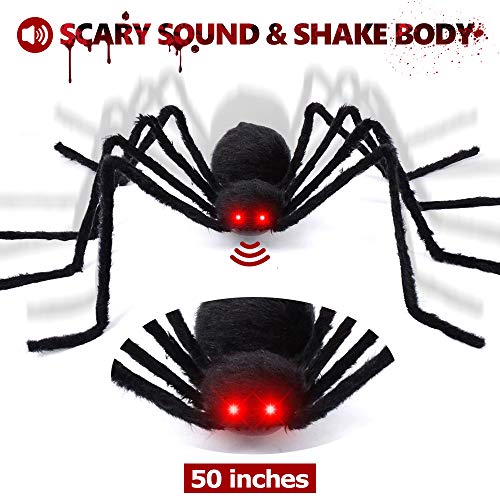 Book Cover FLY2SKY Halloween Spider 50'' Giant Spider LED Eyes Sound Touch Control Squeak with Horrible Voice Halloween Decorations Outdoor Indoor Halloween Spider Decorations for Yard Wall Party Bar House