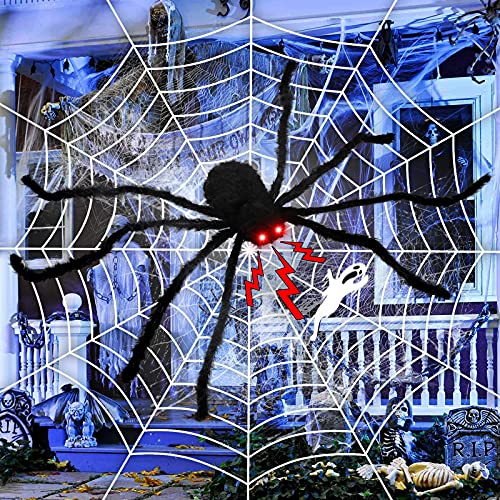 FLY2SKY Halloween Spider 50'' Giant Spider LED Eyes Sound Touch Control Squeak with Horrible Voice Halloween Decorations Outdoor Indoor Halloween Spider Decorations for Yard Wall Party Bar House