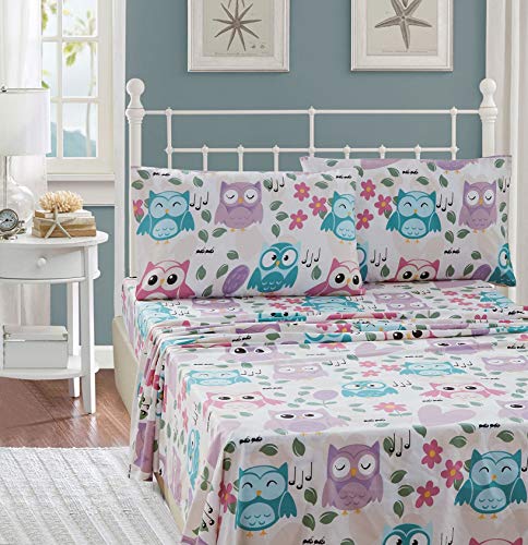 Book Cover Elegant Homes Multicolor Pink White Blue Purple Beautiful Girls Floral Owl with Hearts Design Fun 4 Piece Printed Sheet Set with Pillowcases Flat Fitted Sheet for Girls/Kids # EH Owl (Queen Size)