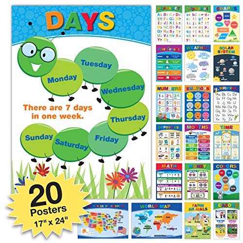 20 Extra Large Educational Posters For Kids Toddlers (24x17 Double Sided English/Spanish) Alphabet Colors Letters Numbers Shapes Months Days Weather Time Animals Solar System Seasons Map