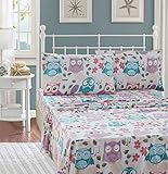 Elegant Homes Multicolor Pink White Blue Purple Beautiful Girls Floral Owl with Hearts Design Fun 4 Piece Printed Sheet Set with Pillowcases Flat Fitted Sheet for Girls/Kids # EH Owl (Queen Size)