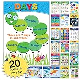 20 Extra Large Educational Posters For Kids Toddlers (24x17 Double Sided English / Spanish) Alphabet Colors Letters Numbers Shapes Months Days Weather Time Animals Solar System Seasons Map