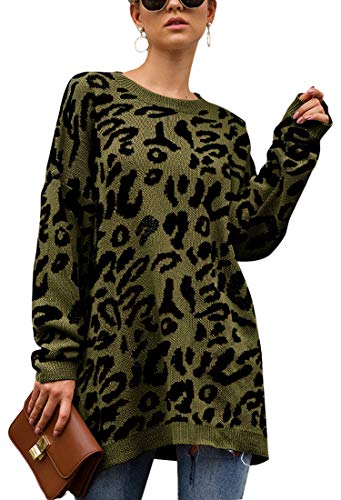 ECOWISH Women's Oversized Leopard Print Sweater Long Sleeve Casual Camouflage Print Knitted Jumper Pullover Sweatshirts Tops