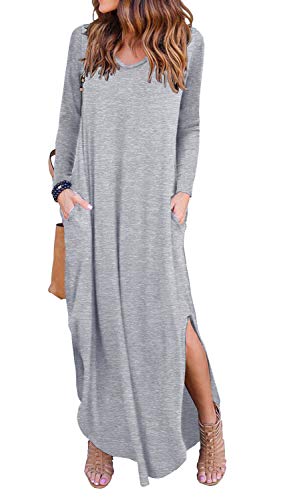 GRECERELLE Women's Casual Loose Pocket Long Dress Long Sleeve Split Maxi Dresses