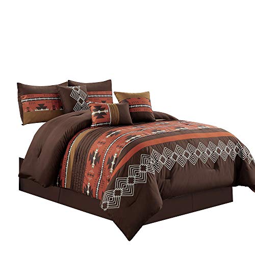 Book Cover 7 Piece Western Southwestern Native American Design Comforter Set Multicolor Coffee Brown Embroidered Size Bed in a Bag Navajo Bedding Set- Makala (Spice Brick, Queen)