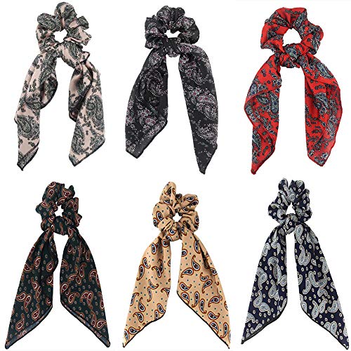 Cutewing Paisley Hair Scrunchies for Women Satin Silk Elastic Hair Bands with Bow Hair Scarf Ponytail Holder Scrunchy Ties,Pack of 6