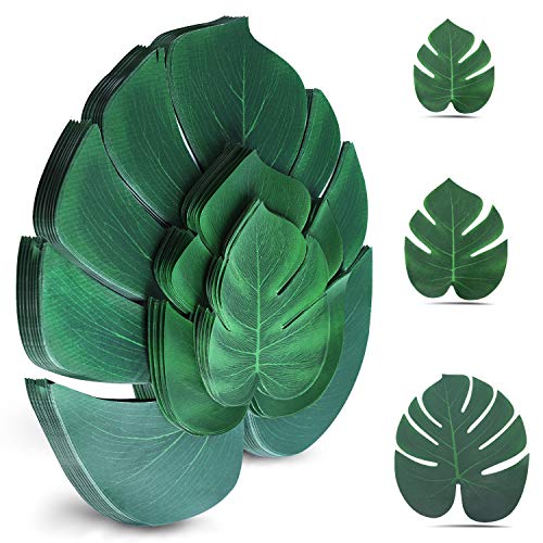 Artificial Tropical Palm Leaves 100 Pcs Plant Faux Safari Leaves Monstera Fake Large Green Leaf for Hawaiian Luau Tiki Aloha Jungle Beach Birthday Theme BBQ Party Table Decorations Supplies (3 Size)