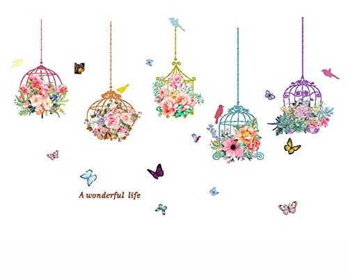 Flowers Wall Decal Beautiful Floral with Butterflies Wall Sticker DIY Murals for Girls Kids Bedroom Wedding Party Wall Decoration (Bird Cage)