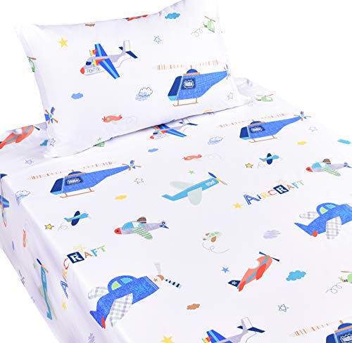 J-pinno Boys Aircraft Airplain Twin Sheet Set for Kids Boy Children,100% Cotton, Flat Sheet + Fitted Sheet + Pillowcase Bedding Set