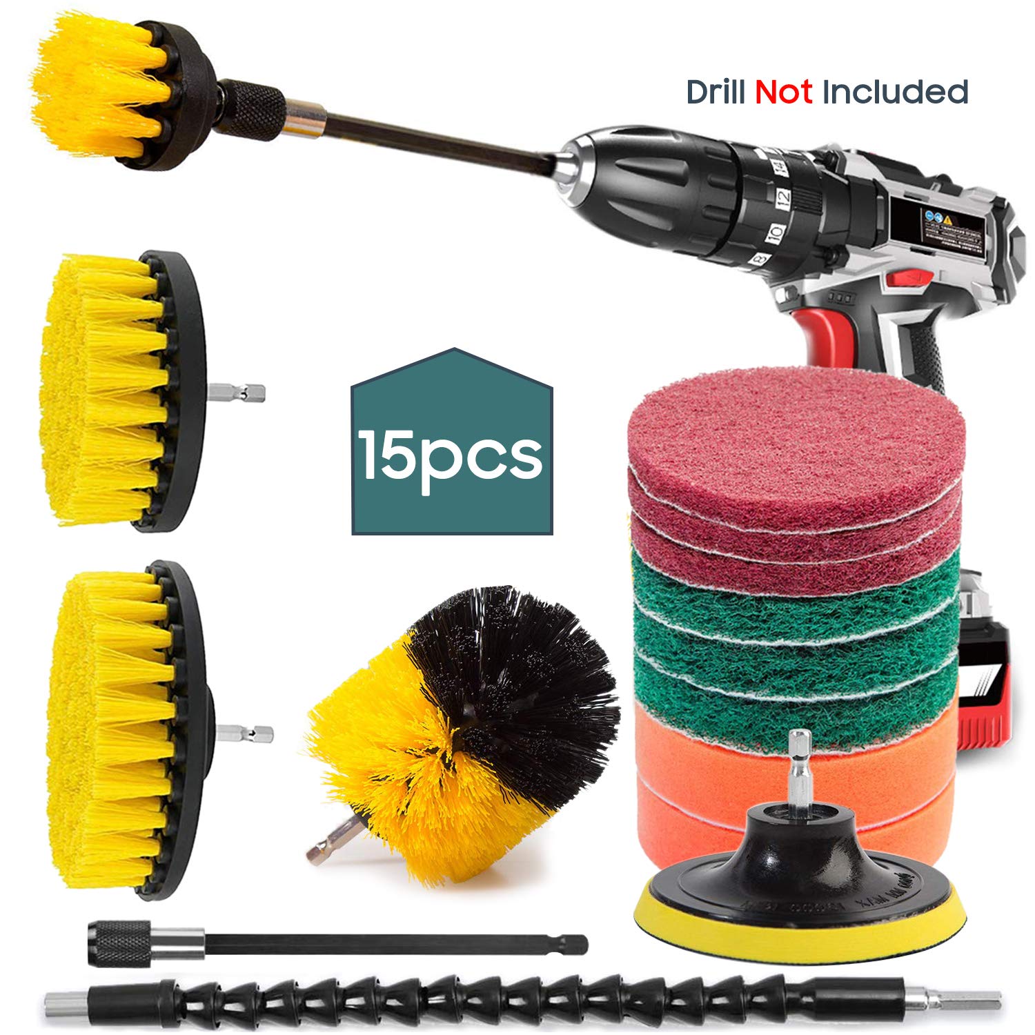Cshidworld 15 Pack Drill Brush Power Scrubber Cleaning Brush Extended Attachment Set, All Purpose Drill Scrub Brushes Kit for Grout, Floor, Tile, Bathroom, Kitchen Surface & Automobile (Yellow)