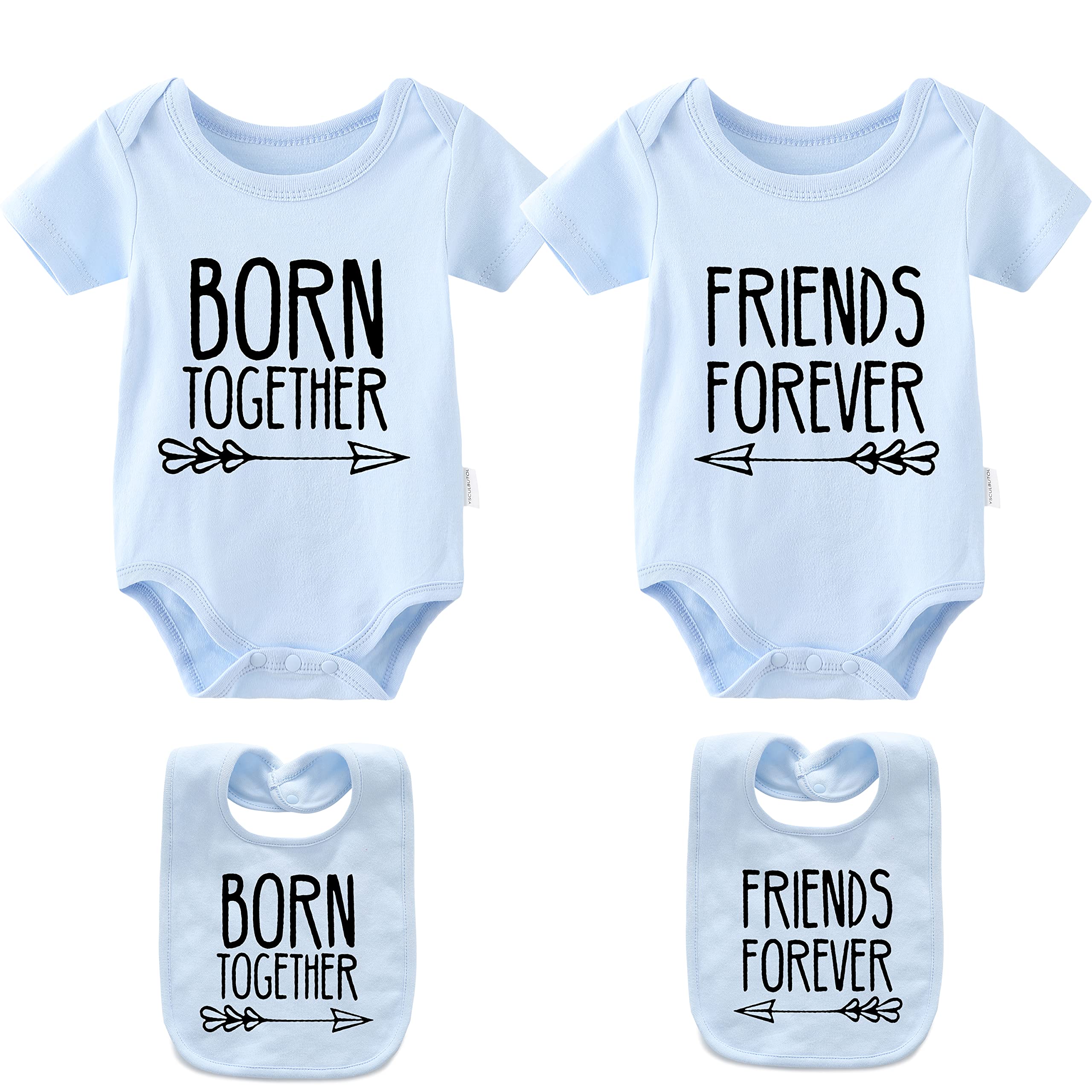 YSCULBUTOL Baby Twins Bodysuits Best Friends Forever Baby Clothes Set with Bibs Girl Outfit with hat Blue 0-3 Months