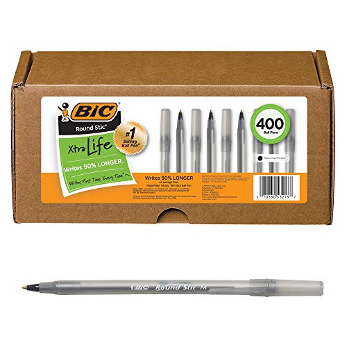 BIC Round Stic Xtra Life Black Ballpoint Pens, Medium Point (1.0mm), 400-Count Pack of Bulk Pens, Flexible Round Barrel for Comfortable Writing, No. 1 Selling Ballpoint Pens