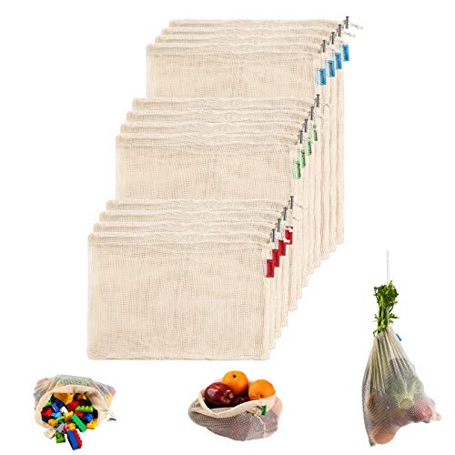 Reusable Produce Bags, Organic Natural Cotton Mesh Bags for Grocery Vegetable Shopping and Storage with Tare and Drawstrings, Washable, Eco-Friendly, Set of 12 (4S, 4M, 4L)