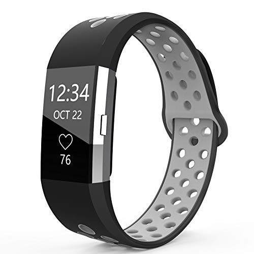 Book Cover Humenn Bands Compatible for Fitbit Charge 2, Replacement Accessory Sport Band Compatible for Fitbit Charge 2 HR (#,Black/Gray, Large)