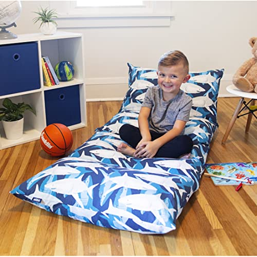 Book Cover Wildkin Kids Floor Lounger for Boys and Girls, Travel-Friendly and Perfect for Sleepovers, Requires 4 Standard Size Pillows (Not Included), Measures 69.5 x 27 Inches (Sharks)