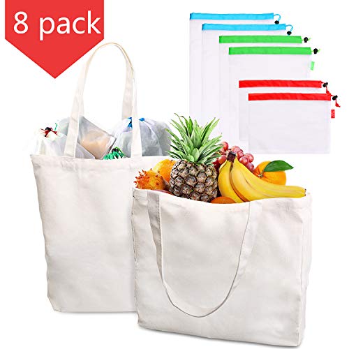 HIGHYI 8 Pack Reusable Bags: Natural Cotton Tote Bag | Washable Mesh Bags | 3 Styles | 5 Sizes | 8 Bag Bundle | Grocery Tote Bags | Shopping Totes | Produce Bags | Toy Bags