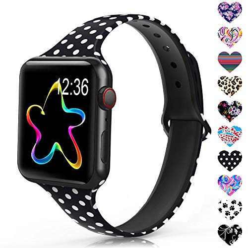 Sunnywoo Sport Band Compatible with Apple Watch 38mm 40mm 42mm 44mm, Narrow Soft Fadeless Floral Silicone Slim Thin Replacement Wristband for iWatch Series 4/3/2/1 Women Men