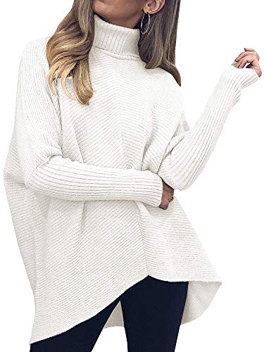 Nulibenna Womens Turtleneck Long Batwing Sleeve Sweater Asymmetric Hem Casual Winter Pullover Ribbed Knit Tops