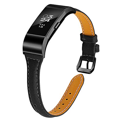 JOYOZY Leather Band Compatible with Fitbit Charge 2 Replacement Bands,Slim Classic Genuine Leather Wristband Fitness Strap Women Men 5.8''-8.1'' (Black with Black Buckle)