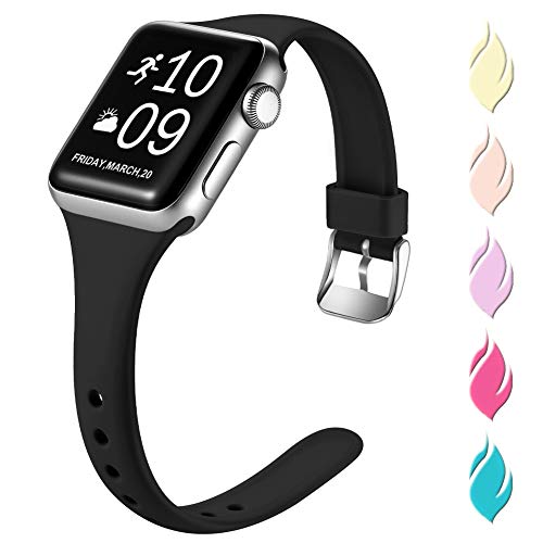 Henva Slim Band Compatible with Apple Watch SE 40mm 38mm, Replacement Accessories Soft Band Wristbands with Stainless Steel Buckle for Apple/iWatch Series 6/5/4/3/2/1, Black, S/M