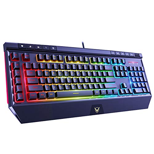 PICTEK RGB Gaming Keyboard USB Wired Keyboard, Crater Architecture Backlit Computer Keyboard with 8 Independent Multimedia Keys, 25 Keys Anti-ghosting, Splash-Proof, Ideal for PC/Mac Game, Black
