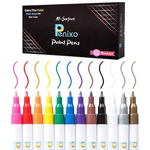 Book Cover Penixo Premium Paint Pens - Set of 12 Acrylic Markers Extra Fine Tip for DIY Arts and Crafts Projects