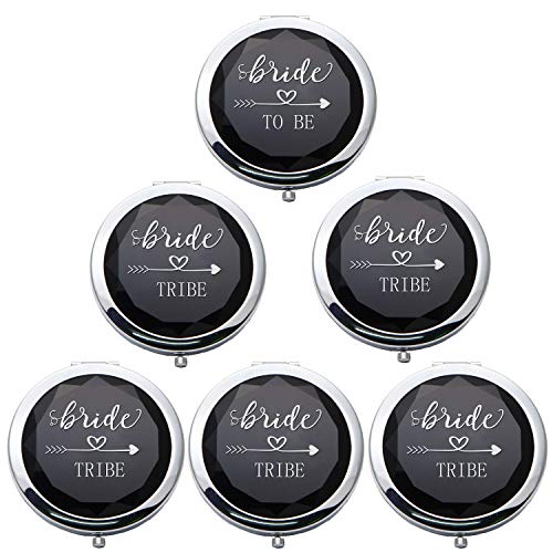 Cuterui Bridesmaid Gifts Bride Tribe Compact Makeup Mirrors for Bachelorette Bridal Shower Gifts(6 Pack, Black)