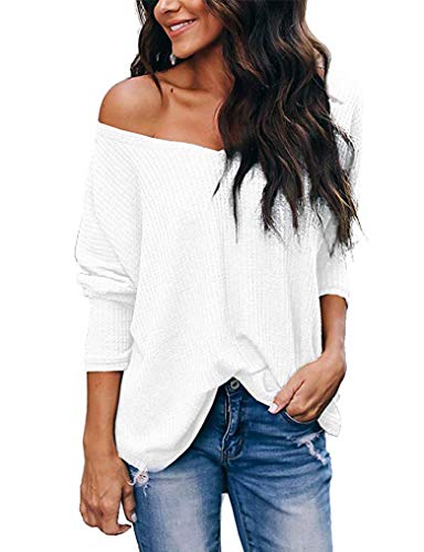 LuckyMore Women's Casual Off Shoulder Tops V Neck Waffle Knit Blouse Batwing Sleeve Loose Pullover Sweater