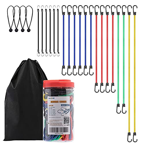 Book Cover NoOne Bungee Straps, 24pcs Heavy Duty Bungee Cords with Hook in Jar, 100% Latex Core Elastic Strong Bungee Cord Set with a Drawstring Organizer Bag