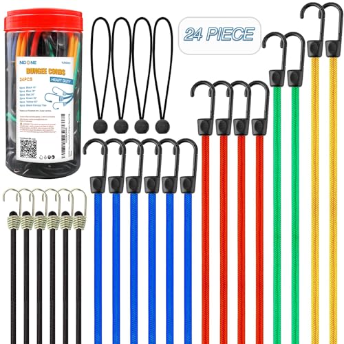 NOONE 24pcs Heavy Duty Bungee Cords with Hooks in Jar, 100% Latex Core Elastic Strong Bungie Straps Set Assortment, Includes 8”, 10”, 18”, 24”, 32”, 40” Bungees, Organizer Bag