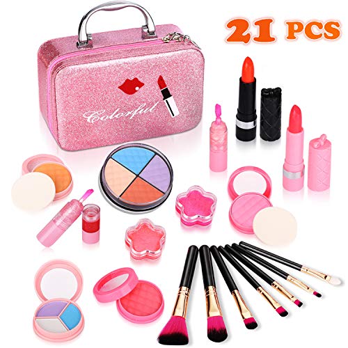 Biulotter 21pcs Kids Makeup Kit for Girls Real Kids Cosmetics Make Up Set with Cute Cosmetic Bag, Eyeshadow/Lip Gloss/Blush, Washable Play Makeup for Little Girls Xmas Birthday Gift
