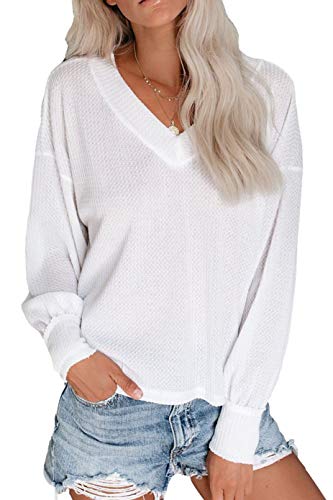 ReachMe Women's Oversized Off Shoulder Pullover Tops Long Sleeve Loose Fit Waffle Knit Tops