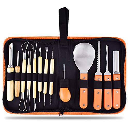 ERKOON 13 Pieces Halloween Pumpkin Carving Kit Professional Stainless Steel Carving Tools Set with Carrying Case Pumpkin Cutting Sculpting Tool for Halloween Decoration Jack-O-Lanterns