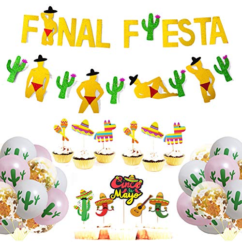 Mexican FiestaTheme Party Decor Bachelorette Wedding Party Decorations,fiesta party decorations, Gold Glittery Final Fiesta Banner and Man Garland - Bachelorette Party Supplies Naughty Dirty, Hen