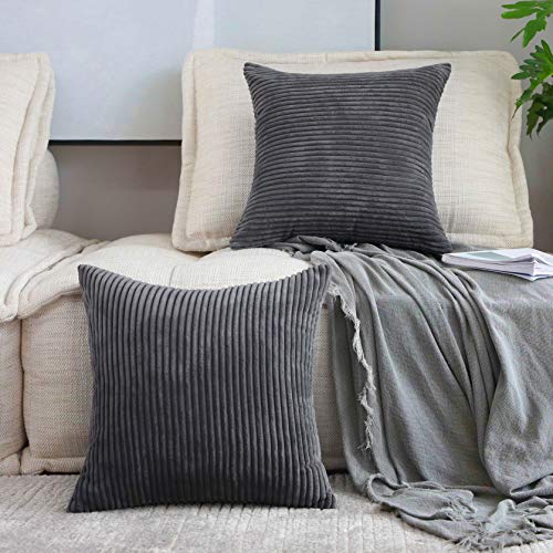 Book Cover Home Brilliant 24x24 Pillow Covers Set of 2 Striped Corduroy Plush Velvet Large Euro Sham Set of 2 Cushion Cover for Bedroom, 24 x 24 inch, Dark Grey