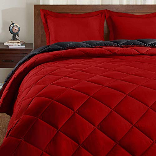 Book Cover Basic Beyond Down Alternative Comforter Set (Queen, Black/Red) - Reversible Bed Comforter with 2 Pillow Shams for All Seasons