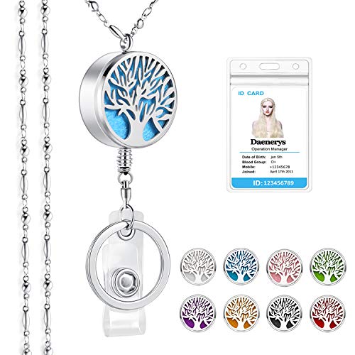 Retractable Lanyards for Id Badges Keys Women Cute Employee Teacher Appreciation Gifts Beaded Lanyard Badge Holder Badge Reel Necklace Pretty Silver Nurse Graduation Essential Oil Tree of Life