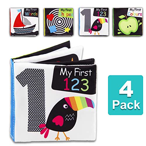 Book Cover Baby First Soft Activity Cloth Book Set, High Contrast Black and White Interactive Crinkle Soft Book Bundle for Infant, Baby Early Education for Brain Development with Numbers, Words, Shapes, Colors