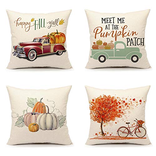 Book Cover 4TH Emotion Fall Thanksgiving Throw Pillow Cover 18x18 Set of 4 Pumpkin Truck Maple Leaves Bicycle Farmhouse Autumn Cushion Case for Sofa Couch Cotton Linen