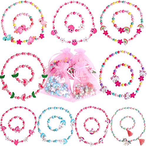 Hicdaw 18PCS Toddler Costume Jewelry Animal Friends Necklace Bracelet Set for Unicorn Party Favors Dress Up Gift for Girls