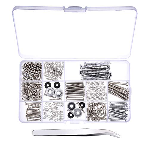 Canomo 254 Pieces Electric Guitar Screw Kit (9 Types) with Springs for Electric Guitar Bridge, Pickup, Pickguard, Tuner, Switch, Neck Plate, Guitar Strap Buttons and A Elbow tweezers, Chrome