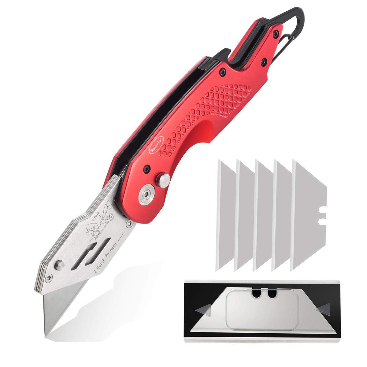 Book Cover RoverTac Box Cutter Folding Utility Knife Set with Sharp and Replaceable Blades Upgraded Stainless Steel Lock-Back Design Easy Carry Belt Clip for Cutting Works Lightweight Aluminum Body