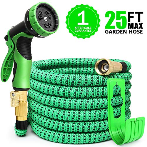 EASYHOSE 25ft Expandable Water Garden Hose,Expanding Flexible Hose with Strength Stretch Fabric with Brass Connectors - 9 Way Spray Nozzle +12 Months Warranty