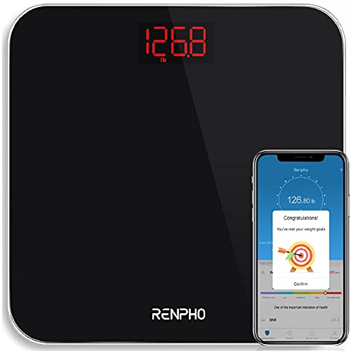 Book Cover RENPHO Bathroom Scale for Body Weight, Digital BMI Weighing Scale, Smart App sync via Bluetooth, Step-on Technology, Large Backlit LED, Sturdy Tempered Glass, 400 Pounds, Black