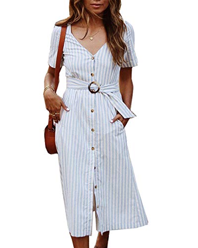 TOPUSH Womens Casual Stripe V Neck Short Sleeve Tie Waist Wrap Button Down Mini Dress with Pocket