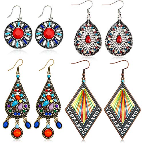 4 Pairs Bohemian Vintage Dangle Earrings Retro Rhinestone Earrings Boho Dangle Drop Earrings for Women Girls (Style E)