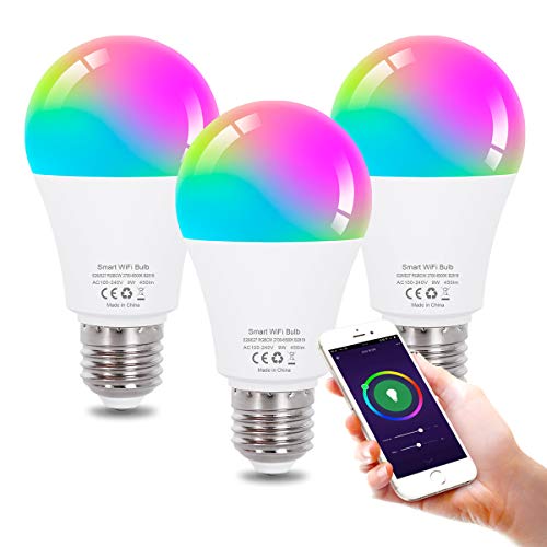 Smart Light Bulbs Work with Google Home Alexa Echo and Siri, WiFi Color Changing LED Lights Bulbs Dimmable, A19 E26 9W Tunable White 2700-6500K, 80W Equivalent, No Hub Required, 3 Pack
