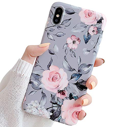 YeLoveHaw iPhone Xs Max Case for Girls, Flexible Soft Slim Fit Full Protective Cute Shell Phone Case with Purple Floral and Gray Leaves Pattern for iPhone Xs Max 6.5 Inch (Pink Flowers)