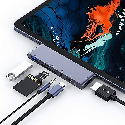 USB C Hub for iPad Pro 2018, USB Type-C to 4K HDMI Adapter w/USB 3.0, SD/TF Card Reader, 3.5mm Headphone Jack, PD Charging (SpaceGray)