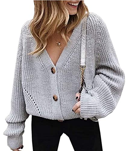 Asskdan Women's V Neckline Button Down Knitwear Lantern Sleeve Basic Knit Cardigan Sweater Tops